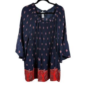 Catherines Shirt Tunic Sz 3X Blue‎ Red Pleated Stretch Bell Boho Cottagecore 3/4